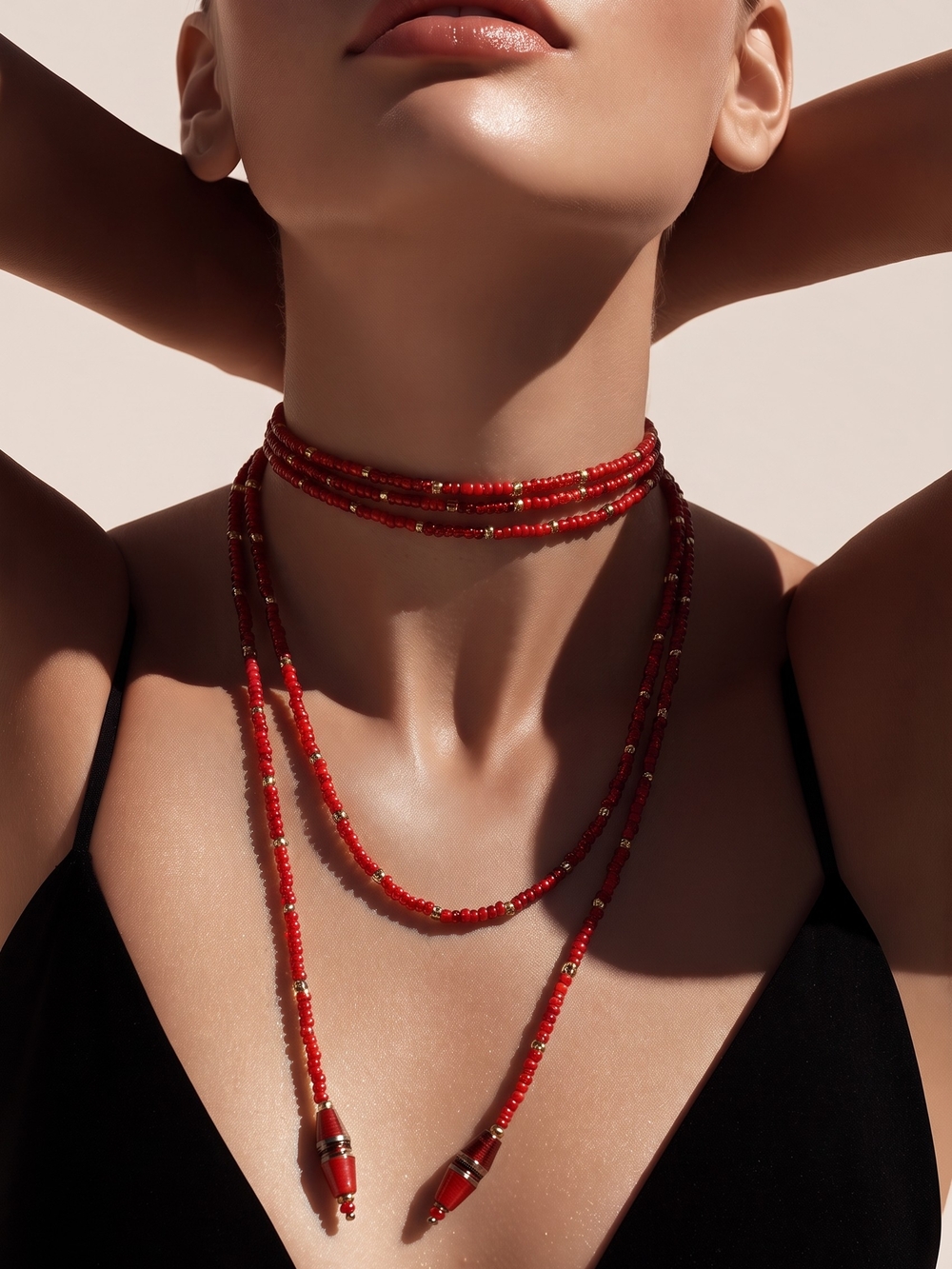 Red Beaded Multi-Strand Necklace and Choker Set